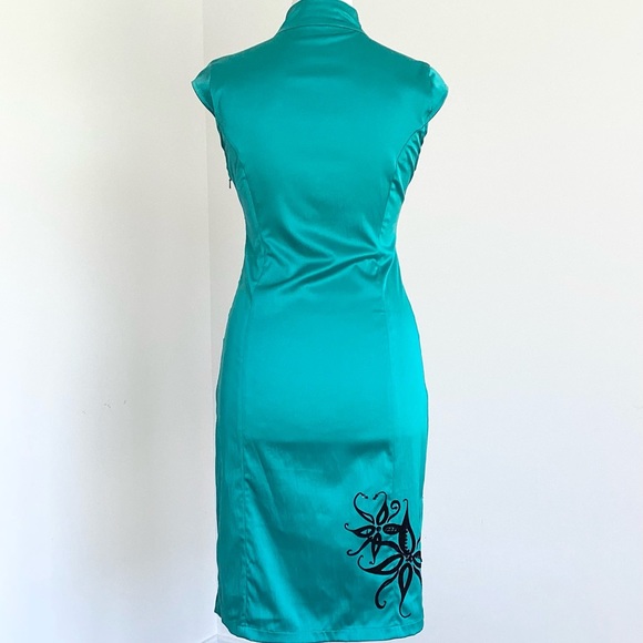 Jane Norman Y2K dress 14 turquoise green satin black embroidered vintage - Picture 13 of 16